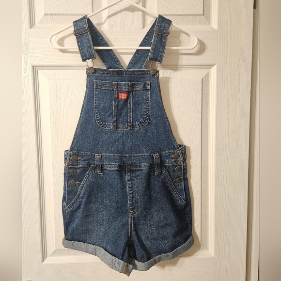 Dickies Girls Blue Denim Overalls Shorts - Picture 1 of 3